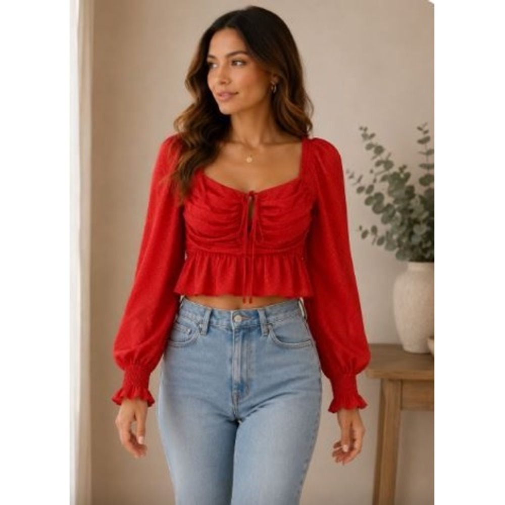 Red Peplum Top Small‎ Puff Sleeve Ruched Romantic Coquette Festive Bold Party